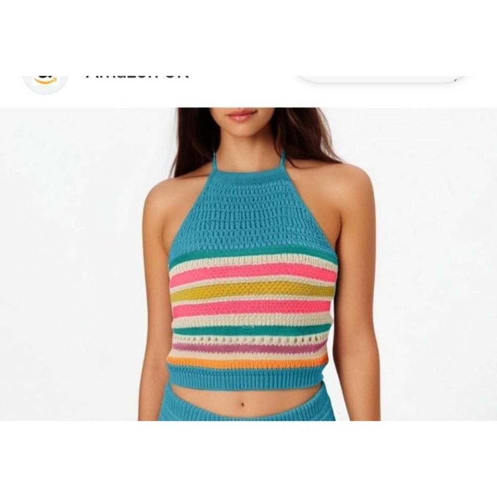 Blue Pink striped halter Polyester BoHo Festival SUmmer Fun and Sun Festival - Picture 4 of 9